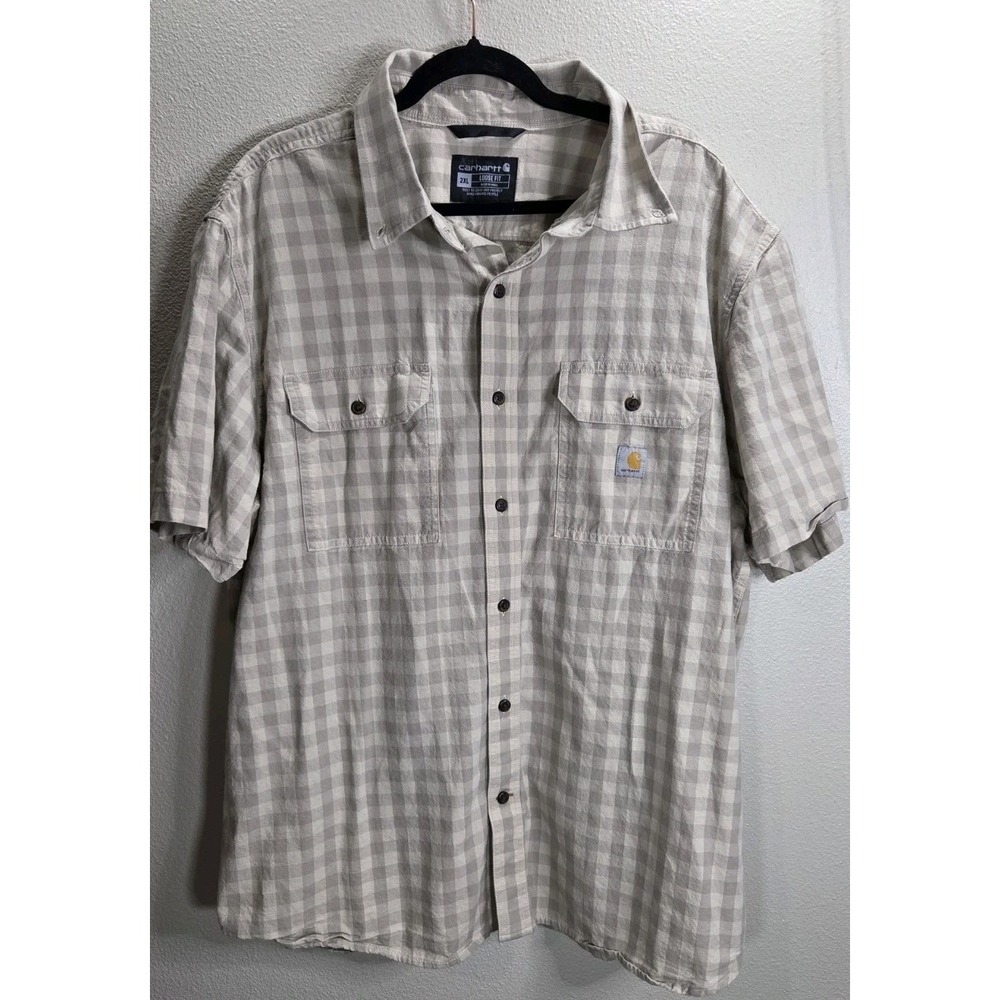 Carhartt Loose Fit 2XL Tan Gingham‎ Button Up Shirt Short Sleeve Workwear